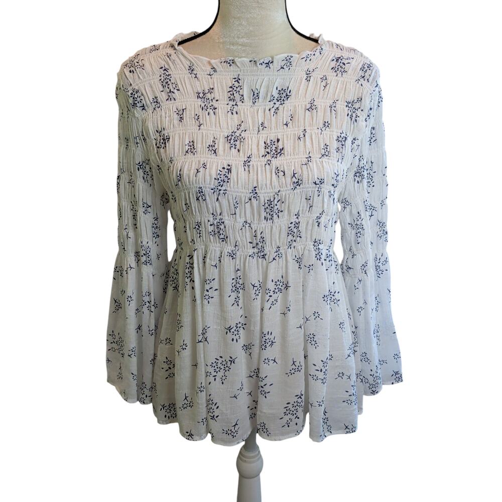 Adiva Sz M White Blue Floral Peasant Milkmaid Smocked Blouse Top Flare Sleeve